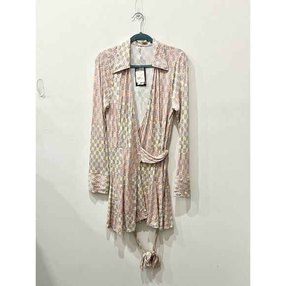 NWT Free People Rhetta Floral Long Sleeve Mini Wrap Dress Light Combo Women's L - Picture 2 of 5